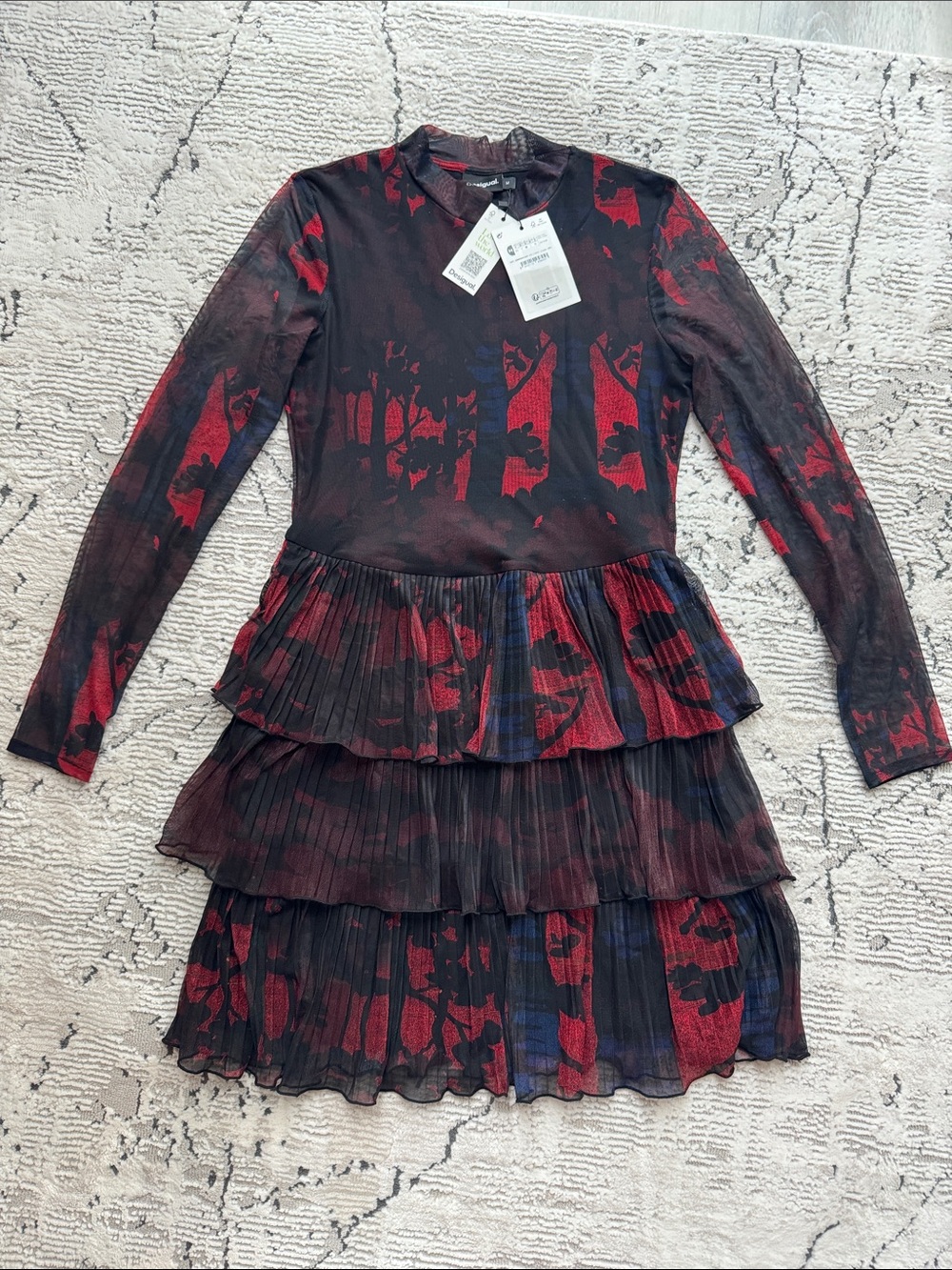 Desigual Long-Sleeve Tiered Dress in Black, Red and Blue